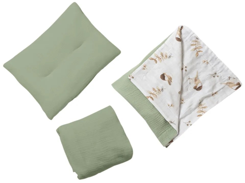 Lenjerie de vara din muselina pentru co-sleeper Kidizi Birdy, include cearceaf, perna si paturica cu doua fete, bumbac 100%