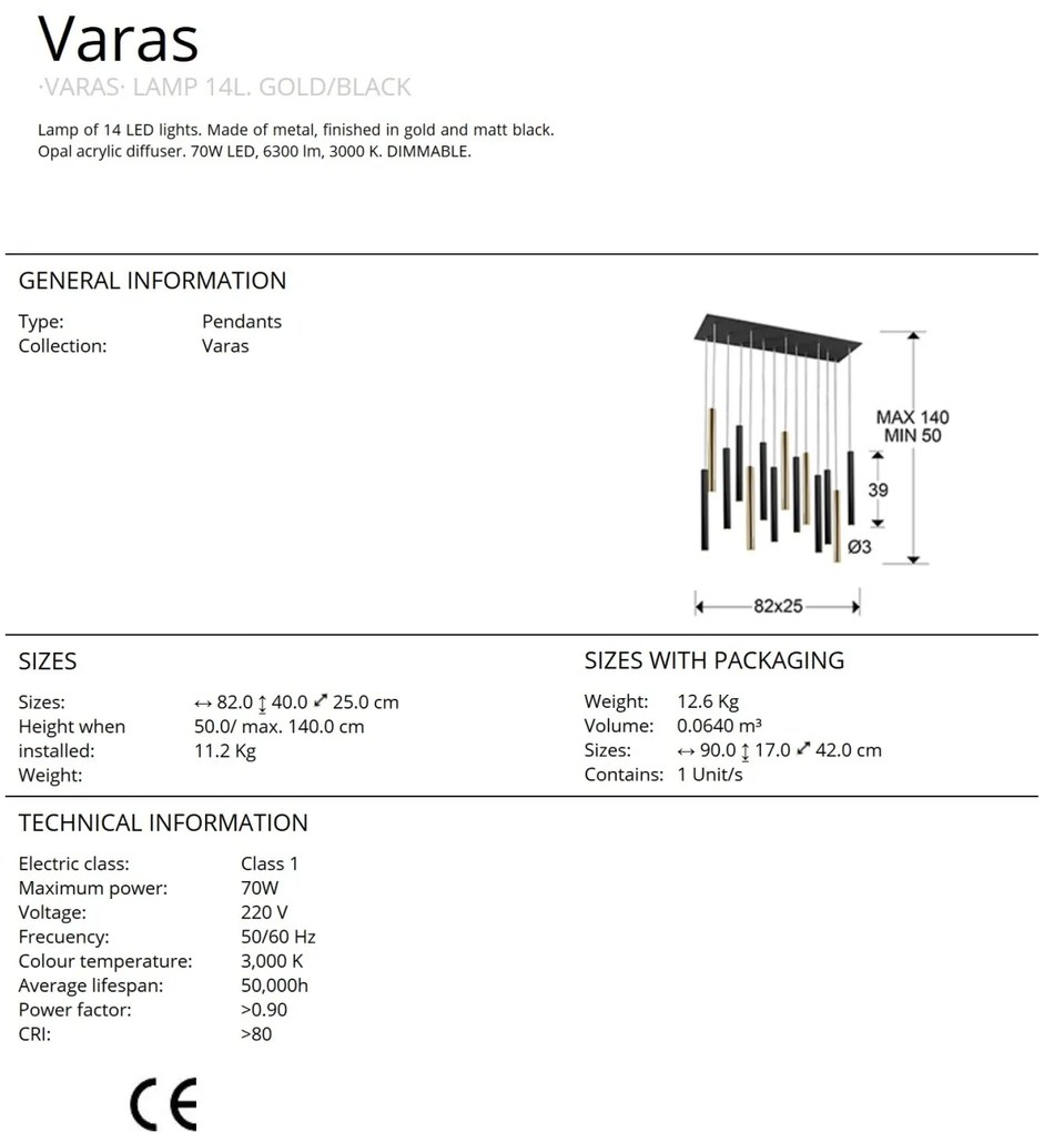 Lustra dimabila cu 14 pendule LED design modern Varas negru/auriu SV-373425