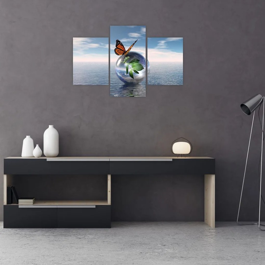 Tablou cu fluture pe bilă din sticlă (90x60 cm)