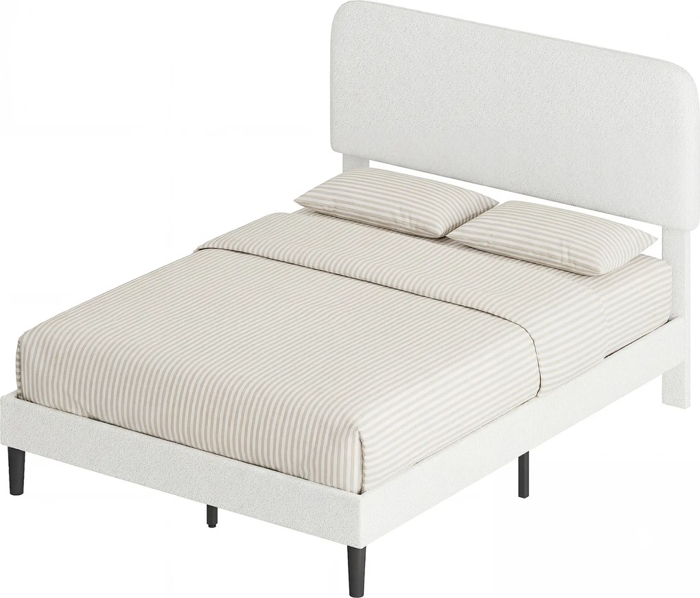 HOMCOM Cadru de pat 140x190cm cu somieră, tăblie reglabilă, pat dublu tapițat în velur Teddy, lamele metalice, alb | Aosom Romania
