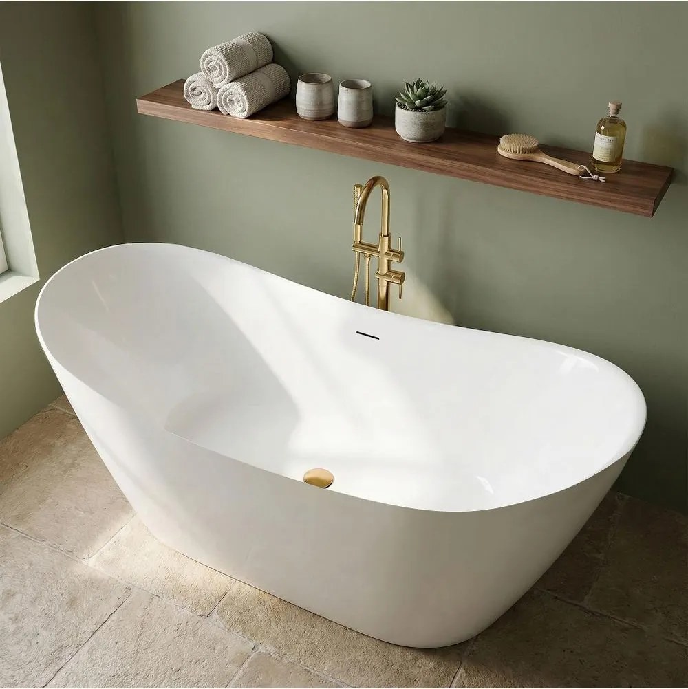 Cada freestanding cu ventil cupru periat Rea Ferrano Slim 150 cm alb