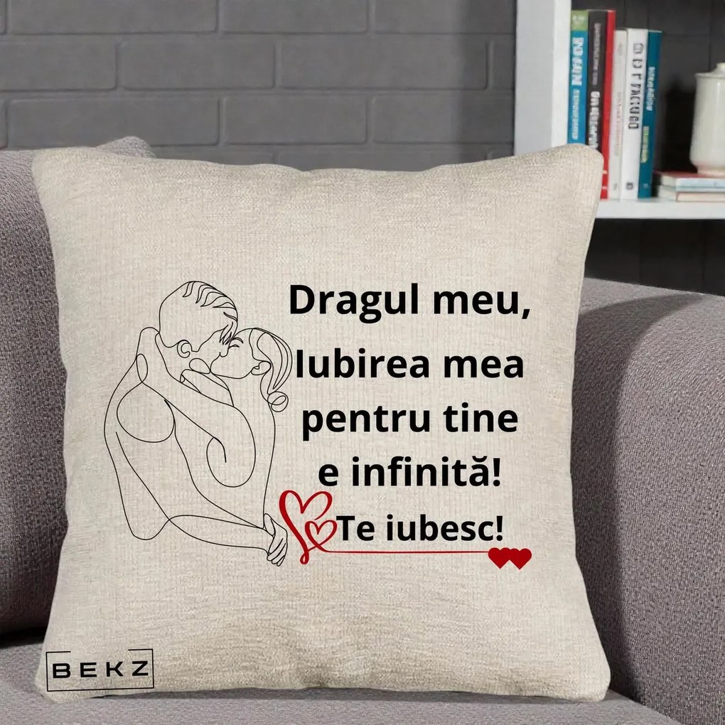 Cadou pentru Iubit - Perna Personalizata Dragul Meu Iubirea Mea pentru Tine e Infinita Te Iubesc, 40x40 cm, Bej Canapea, Husa Detasabila, Perna Inclusa, BEKZ®