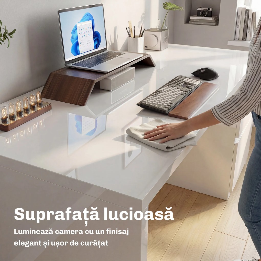 HOMCOM Birou Compact, 110x61.5x75 cm Birou Modern cu 4 Sertare, Masă pentru Computer, Cameră și Birou, Alb Lucios | Aosom Romania