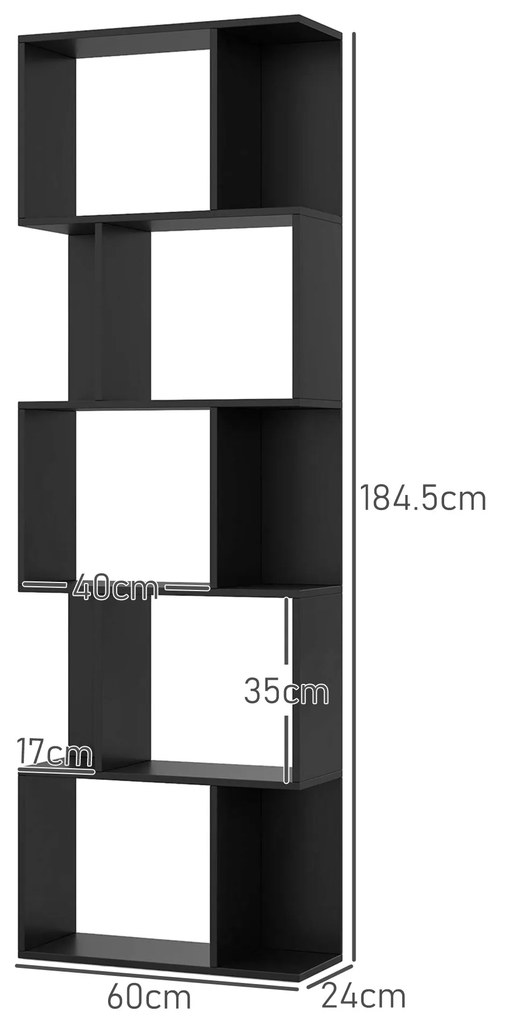 HOMCOM Bibliotecă cu 5 Rafturi Divizate în Formă de S din Lemn, 60x24x184.5 cm, Negru | Aosom Romania