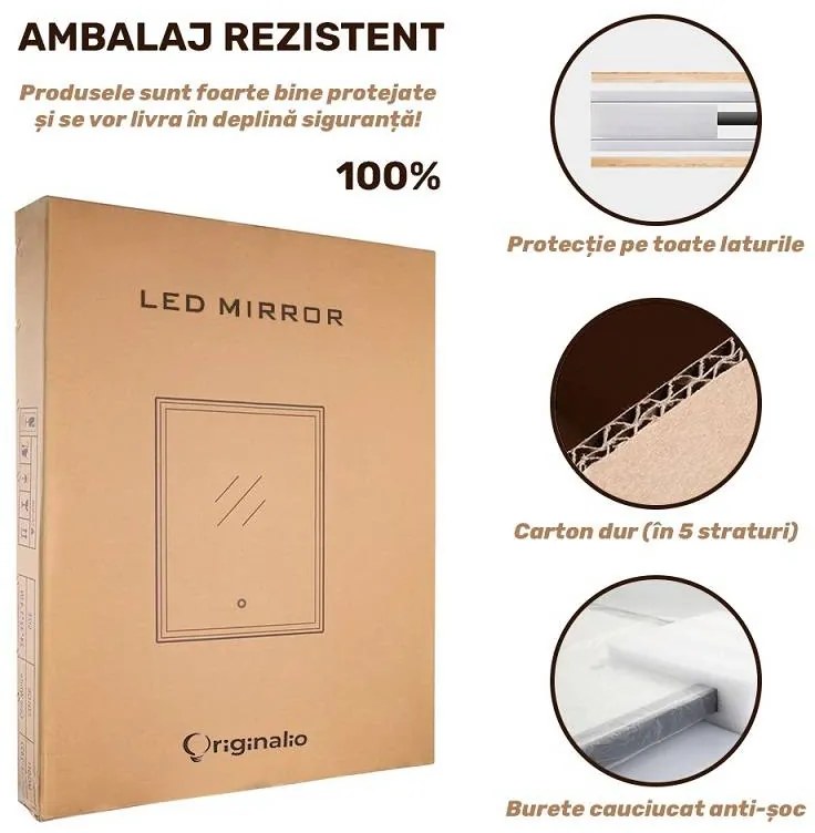 Oglindă LED Dreptunghiulară (60x80 cm), Lumină Rece, Intensitate Reglabilă, Funcție Dezaburire, Ceas (Timer) și Termometru, Ramă Aluminiu, Control Tactil (Touch)