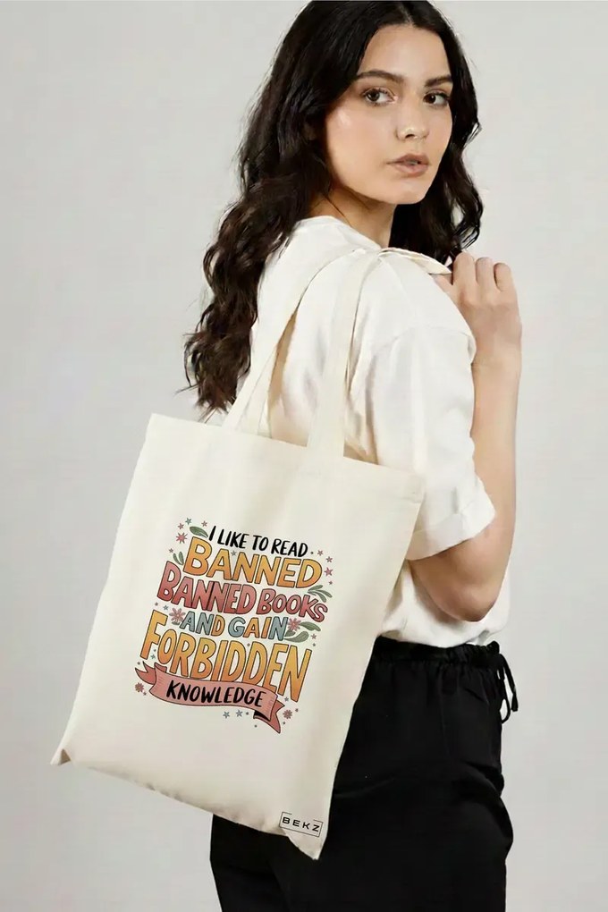 Sacosa de Panza pentru Cumparaturi, Geanta Tote, model I read banned books 3 38 x 34.5 cm, Alba, BEKZ®