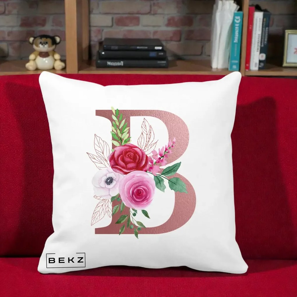Cadou Personalizat - Perna Personalizata Monograma Rose Gold Litera B, 40x40 cm, Alba Mata, Husa Detasabila, Perna Inclusa, BEKZ®