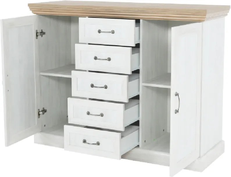 Comodă, 2 uşi cu 5 sertare, pin nordic/stejar sălbatic, ROYAL K2D