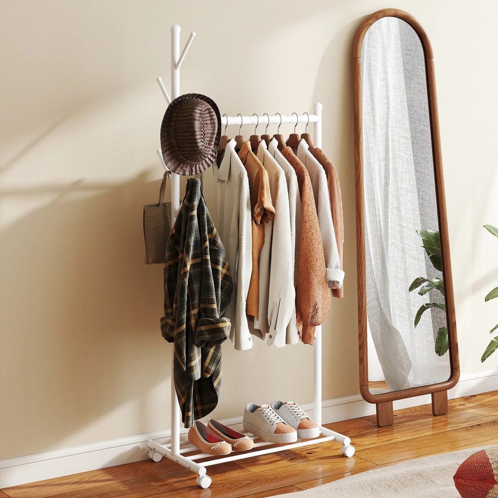 HOMCOM Cuier de Podea cu Roți, Stand de Haine cu 5 Cârlige și Raft Inferior pentru Încălțăminte, pentru Cameră, Intrare și Coridor, Alb | Aosom Romania