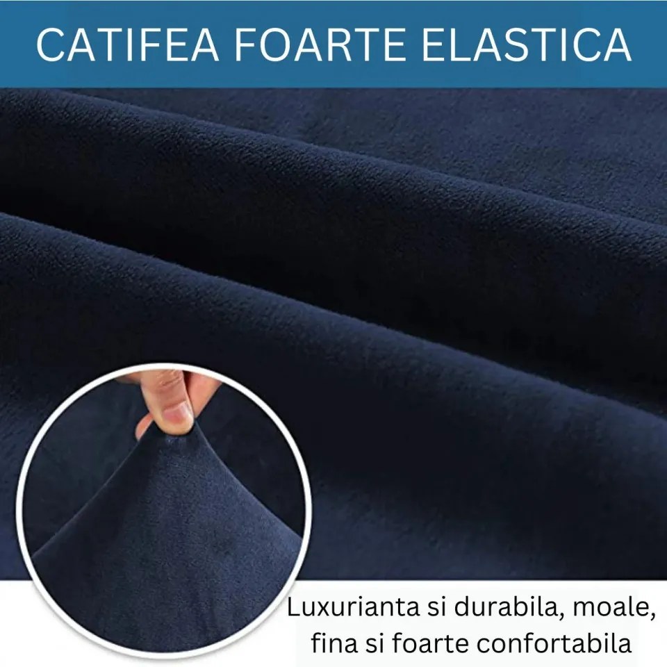 Set huse elastice din catifea pentru canapea 3 locuri + 2 fotolii, cu brate, bleumarin, HCCJS-04
