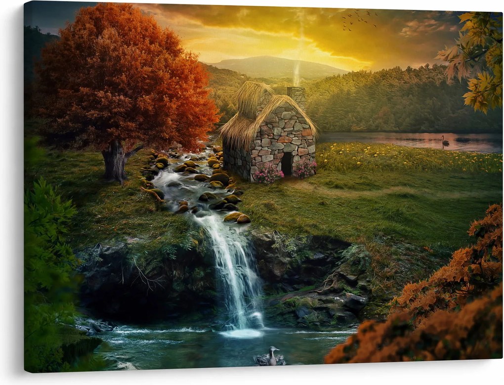 Tablou cu căbănuță în peisaj de poveste (70x50 cm)