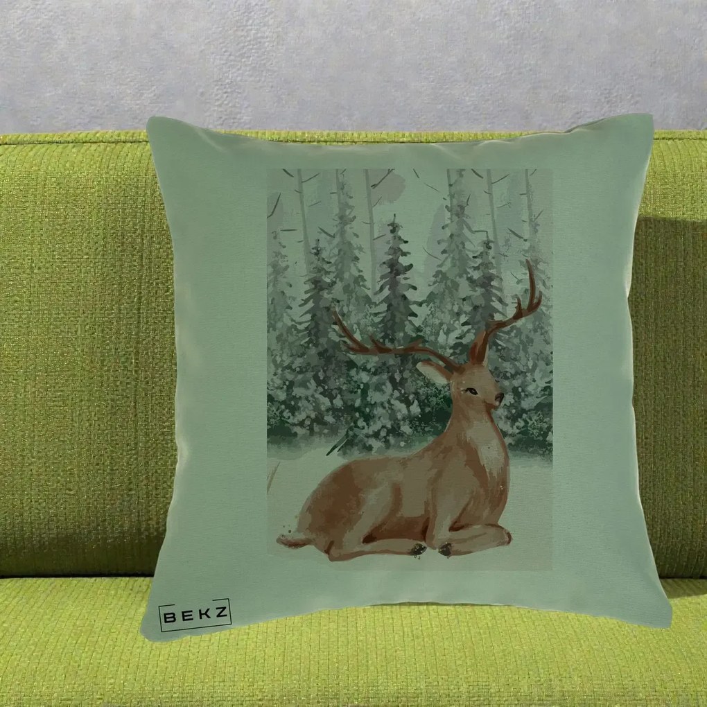 Perna Decorativa Ren in Padure Roz Moale, 40x40 cm, Verde, Husa Detasabila, Perna Inclusa, BEKZ®