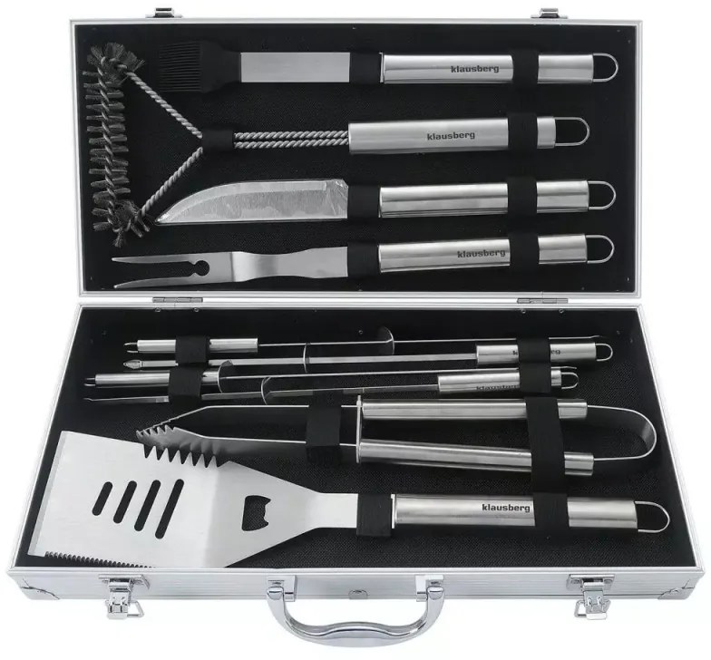 Set de 11 ustensile de grătar Klausberg KB 7901, Geantă de transport, Mânere ergonomice, Oțel inoxidabil, Inox