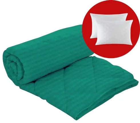 Set pilota iarna, umplutura lana, material damasc policoton, 160x210cm, matlasata, verde, Pucioasa cu 2 perne, matlasate, antialergice, 50x70cm, albe, Pucioasa