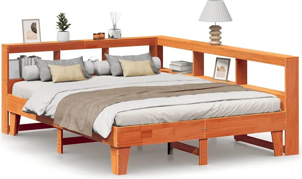 vidaXL Pat cu bibliotecă fără saltea maro 150x200 cm lemn masiv de pin