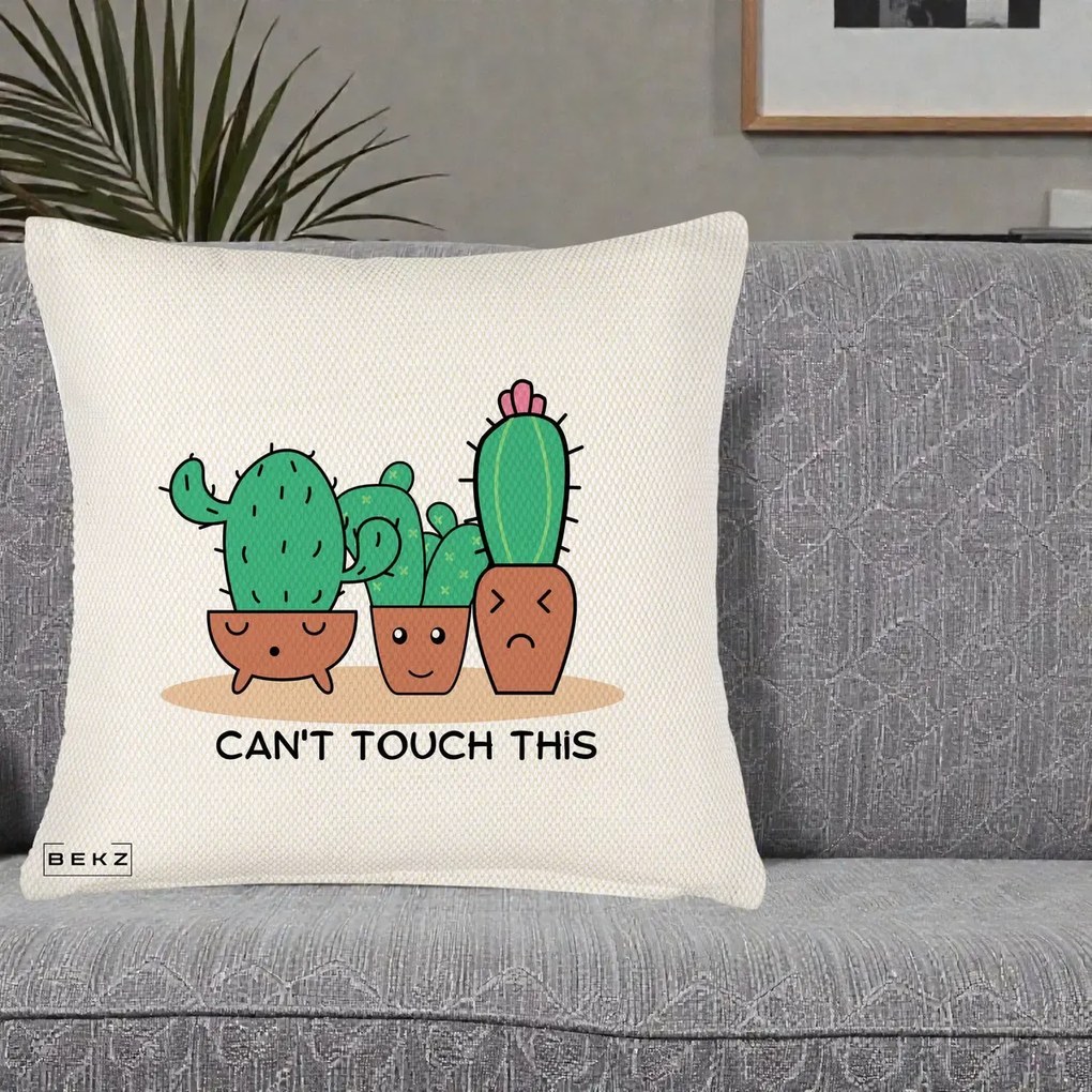 Perna Decorativa Cactus Funny Can't Touch This, 40x40 cm, Crem Reliefat, Husa Detasabila, Perna Inclusa, BEKZ®