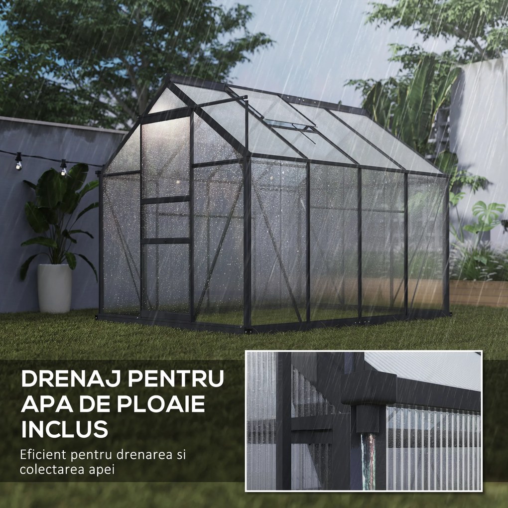 Outsunny Seră de Grădină, Seră din Policarbonat și Aluminiu cu Ușă Culisantă, Ventilație pe Acoperiș și Jgheab, 190x192x201 cm, Gri | Aosom Romania