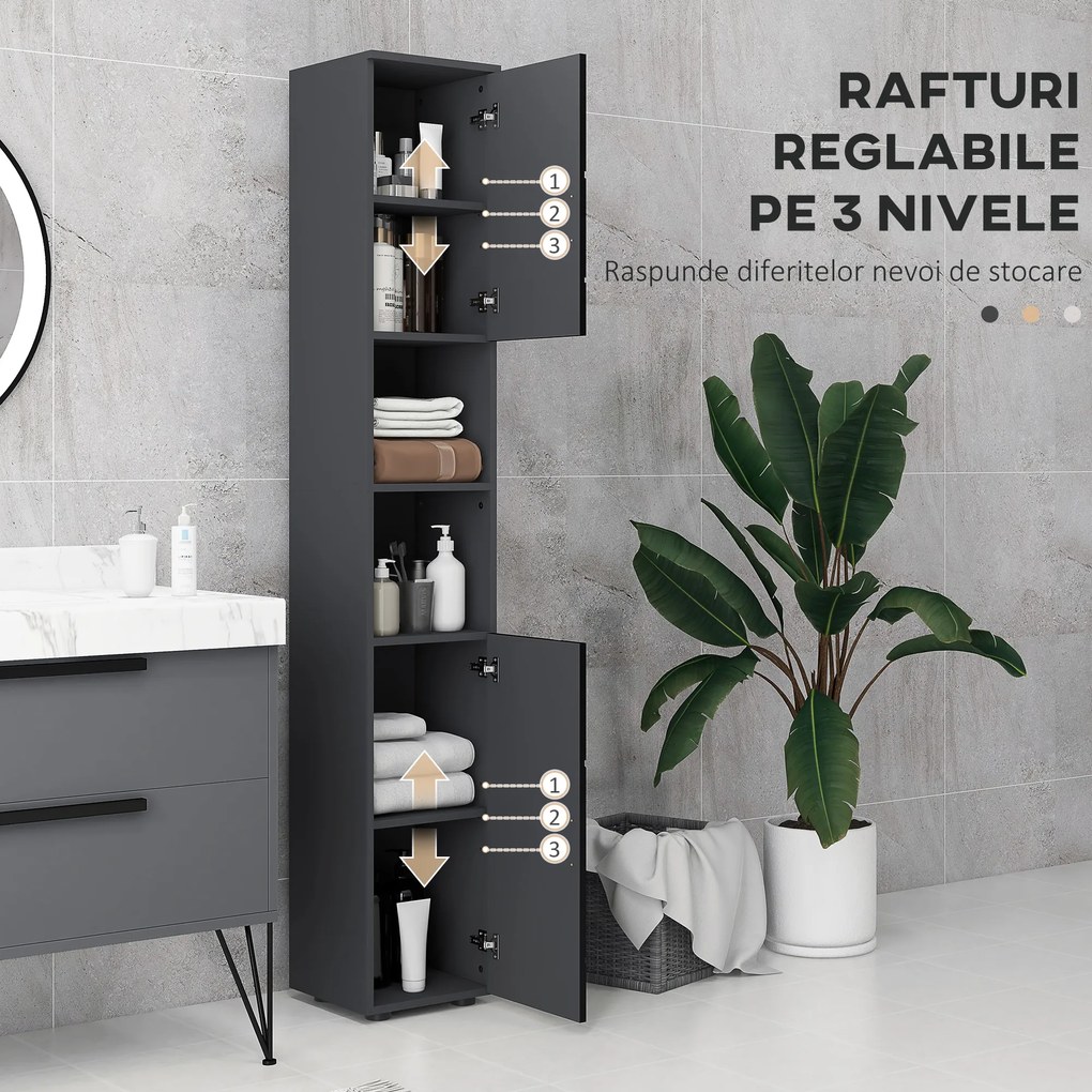 Dulap Baie, Inalt de 183cm cu 2 rafturi deschise si doua dulapuri cu 2 nivele, 30x30x183cm, Negru kleankin | Aosom Romania