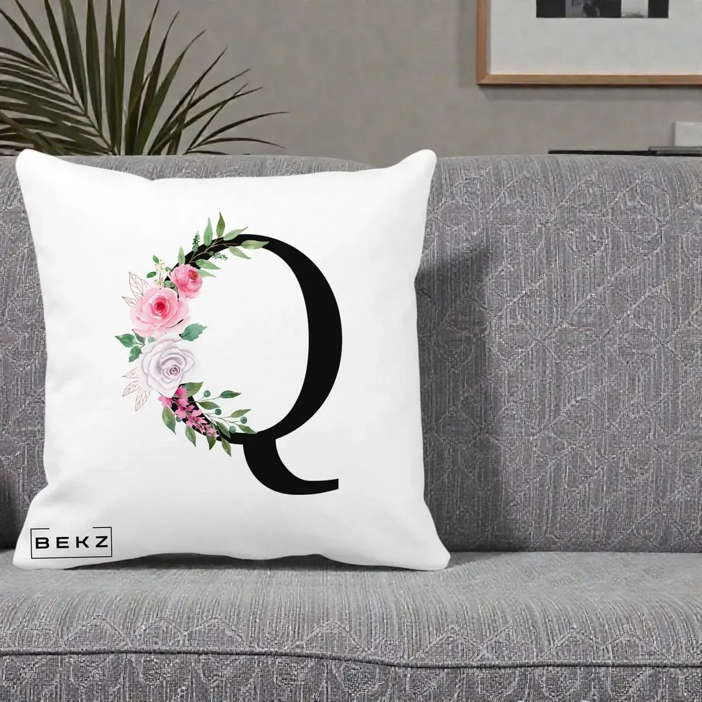 Cadou Personalizat - Perna Personalizata Monograma Florala Litera Q, 40x40 cm, Alba Mata, Husa Detasabila, Perna Inclusa, BEKZ®