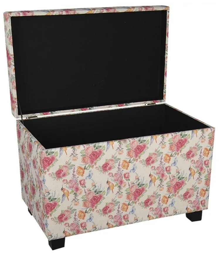 Pouf shabby chic, roz, cu imprimeu floral și păsări, 60x36x43 cm