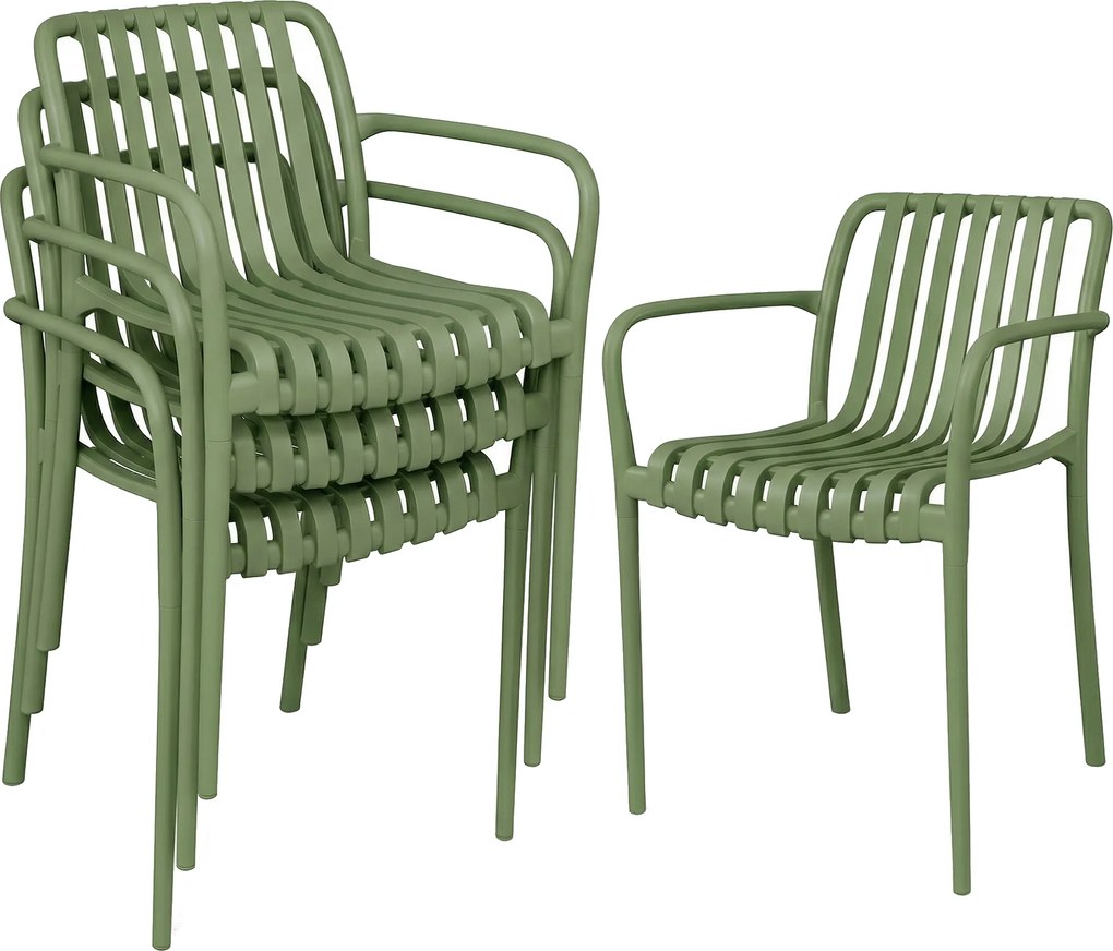 Outsunny Set 4 Scaune de Grădină Stivuibile din Plastic Anti-UV, Scaune pentru Prânz în Exterior cu Spătar Ergonomic cu Lamele și Mânere, pentru Terasă Balcon Grădină Exterior Interior, 55x58,5x81,5 cm, Verde | Aosom Romania
