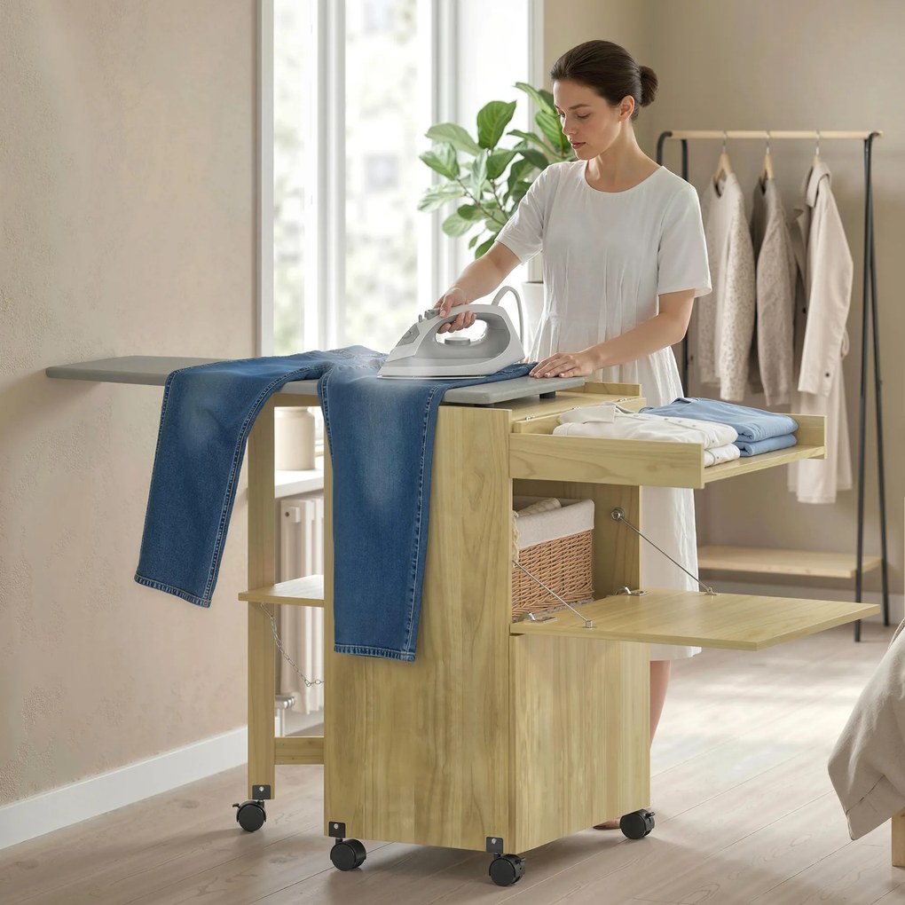 HOMCOM Dulap Masă de Călcat Rabatabilă cu Roți și Suport pentru Fier de Călcat, Dulap Multifuncțional cu Rafturi, Compartiment Deschis, pentru Spălătorie, Baie, 154x55x87 cm, Lemn Natural | Aosom Romania
