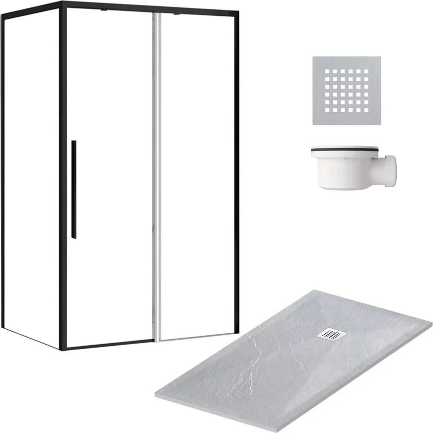 Pachet cabina de dus negru Rea Solar 90x120 cm, cadita pentru dus gri Balneo, sifon cadita si capac cadita gri