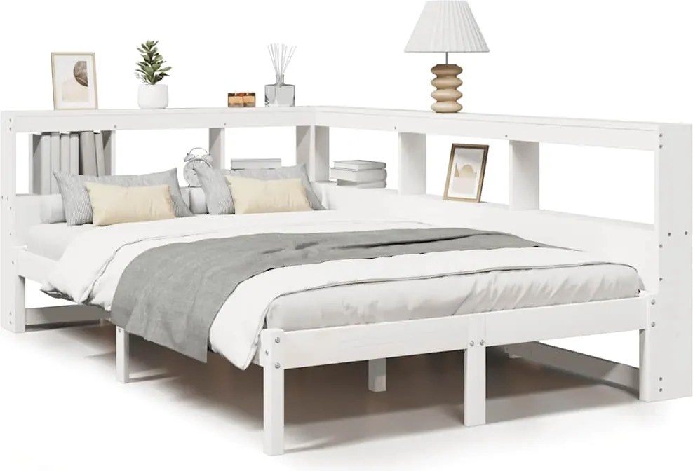 vidaXL Pat cu bibliotecă fără saltea, alb, 120x190 cm, lemn masiv pin