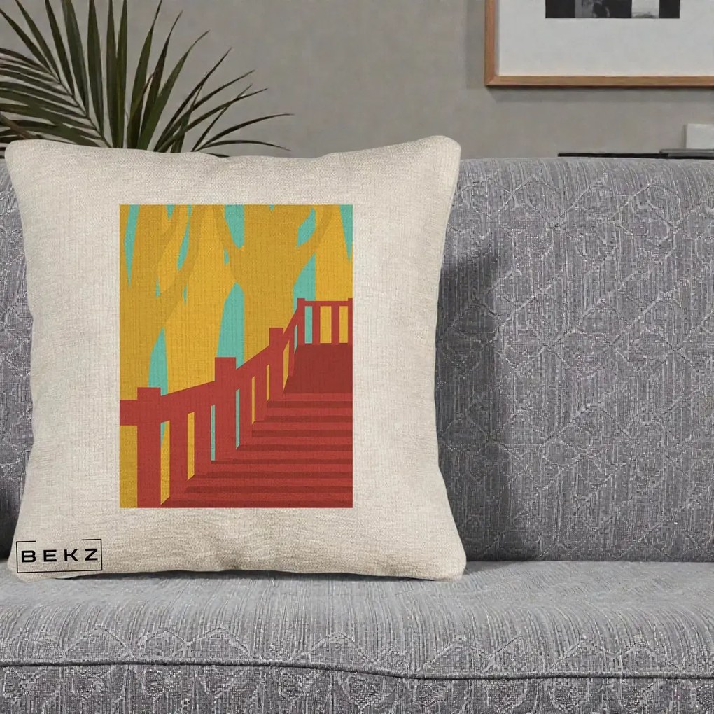 Perna Decorativa Scari Toamna Peisaj Grafic, 40x40 cm, Bej Canapea, Husa Detasabila, Perna Inclusa, BEKZ®