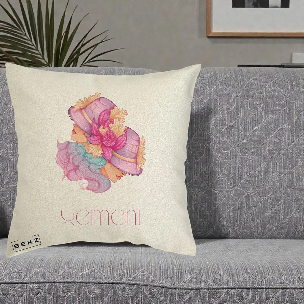Perna Personalizata Zodie Gemeni, 40x40 cm, Ecru, Husa Detasabila, Perna Inclusa, BEKZ®