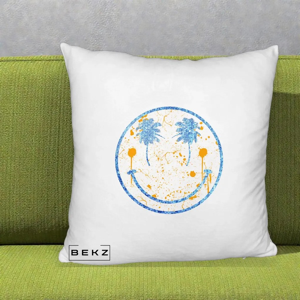 Perna Decorativa Smiley Face Tropical Albastru Glitter si Portocaliu, 40x40 cm, Alb Pufos, Husa Detasabila, Perna Inclusa, BEKZ®
