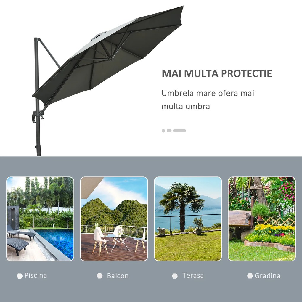 Outsunny Umbrel de Gradină cu Manivelă cu Înclinare Reglabilă, Umbrelă cu Braț și Stinghii, Ø2.95x2.5 m, Gri | Aosom Romania