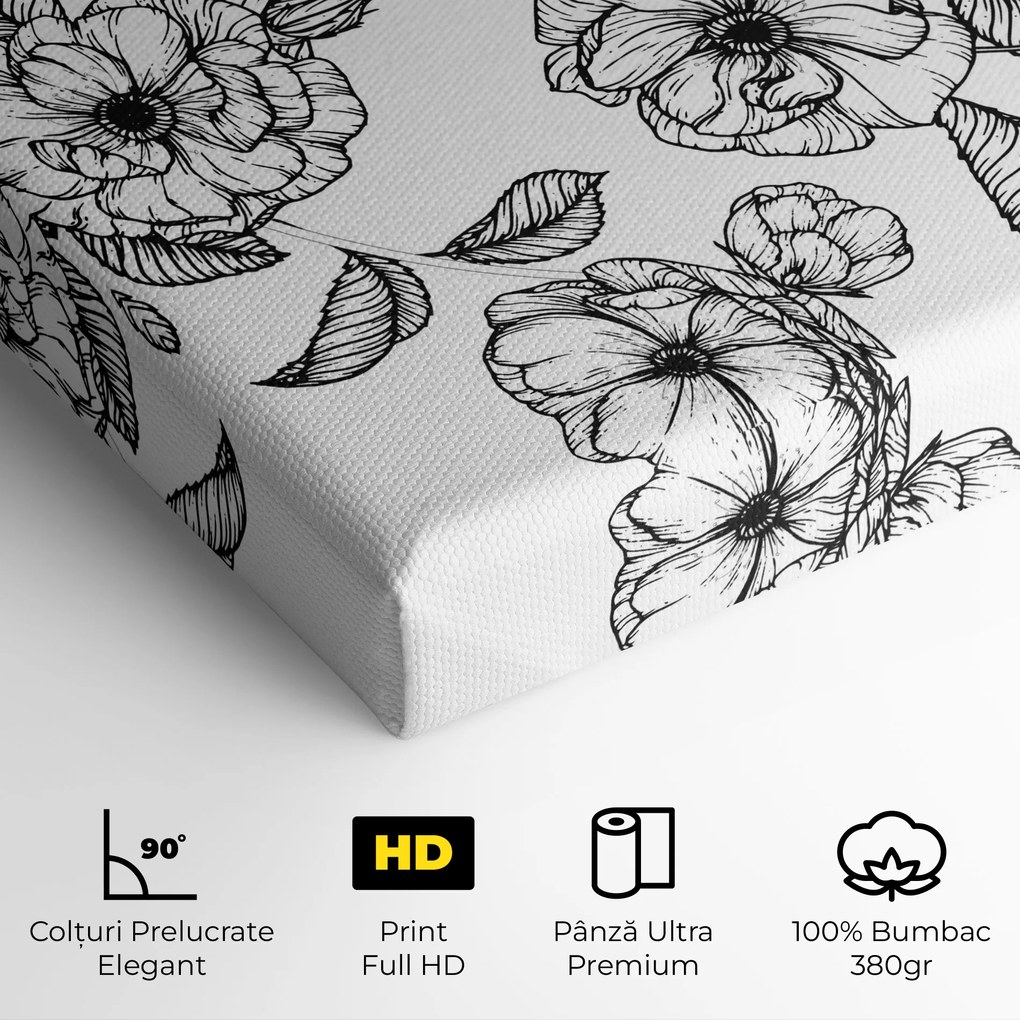 Tablou Canvas, 100x200cm, Dormitor si Living, Flori, Flori desenate, Roses Black Line