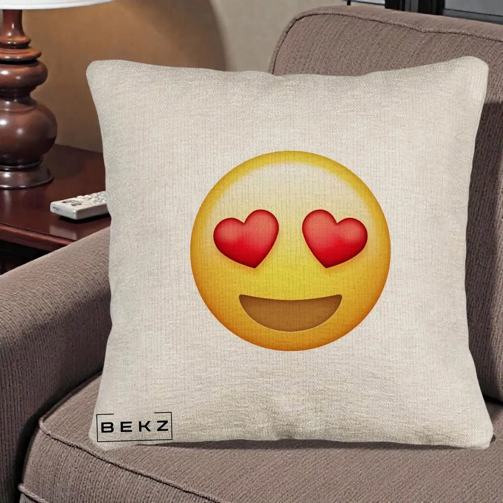Perna Decorativa Emoji Inimi in Ochi, 40x40 cm, Bej Canapea, Husa Detasabila, Perna Inclusa, BEKZ®