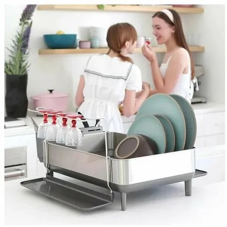 Simplehuman Scurgător de vase cu suport pentrupahare, cadru din oțel inoxidabil, gri