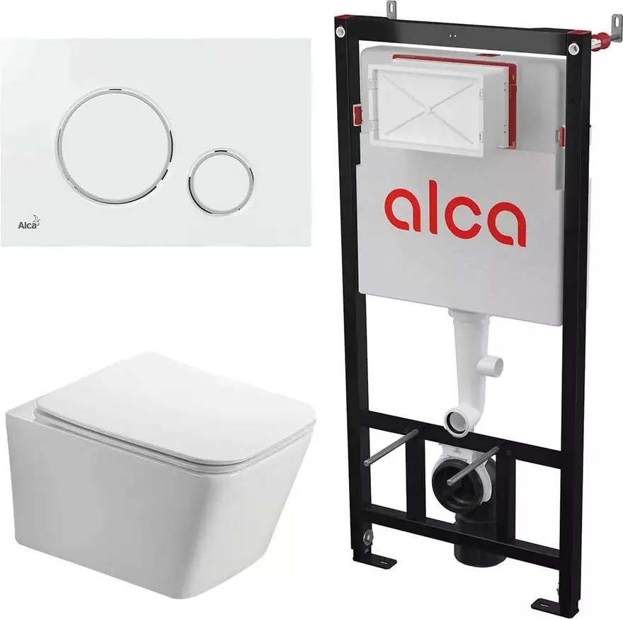 Set rezervor WC cu cadru incastrat Alcadrain AM101/1120 si clapeta M770 alb plus vas WC Fluminia Paris cu capac softclose