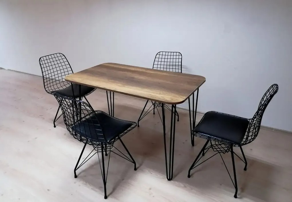 Set masa cu 4 scaune metal, Dream Homs, nuc/negru 70 x 110 cm