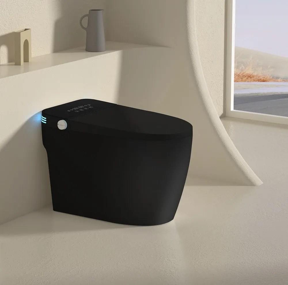 Smart WC 822 – Vas de Toaletă Inteligent cu Bideu, Sterilizare UV, Deschidere/Închidere automată, Senzor picior, Control inteligent al Temperaturii, Uscare aer cald, Iluminare de noapte, Afișaj LED, Telecomandă, Ceramică, Negru