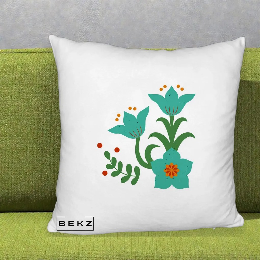 Perna Decorativa Flori Stilizate Folk Turcoaz, 40x40 cm, Alb Pufos, Husa Detasabila, Perna Inclusa, BEKZ®