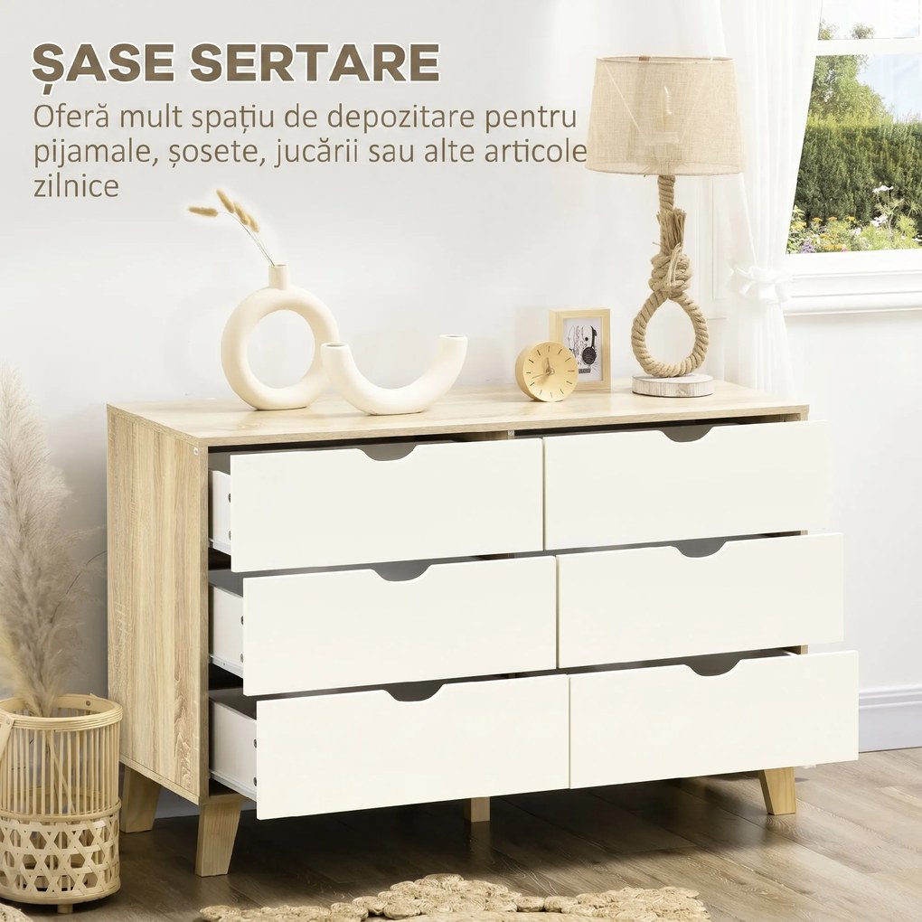HOMCOM Comodă cu 6 Sertare, Mânere Sculptate și Picioare Trapezoidale, 120x40x76 cm, Lemn Natural | Aosom Romania