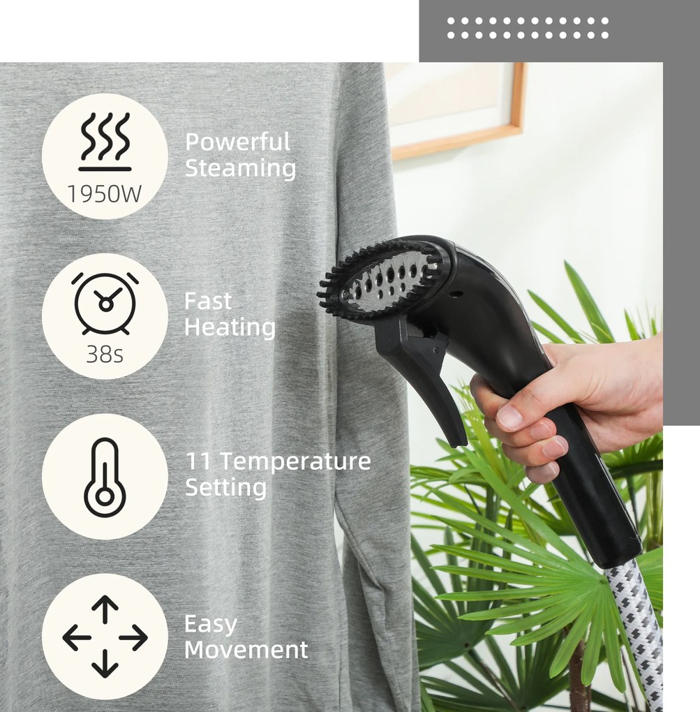 HOMCOM Aparat de Călcat Vertical cu Abur 1.4L cu Bară Extensibilă și 2 Roți Negru | Aosom Romania