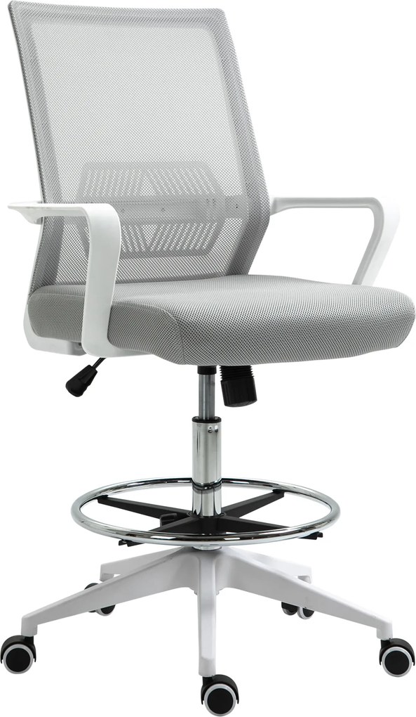 Vinsetto Scaun birou cu șezut înalt reglabil, pivotant 360°, plasă respirabilă, gri/alb, 64x59x104-124 cm | Aosom Romania