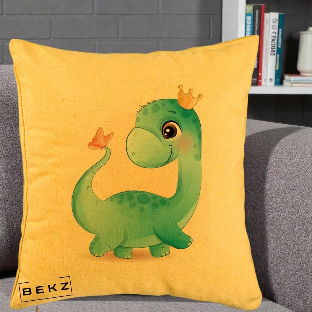 Perna Personalizata Dinozaur Bland Coroana Kawaii, 40x40 cm, Galben, Husa Detasabila, Perna Inclusa, BEKZ®