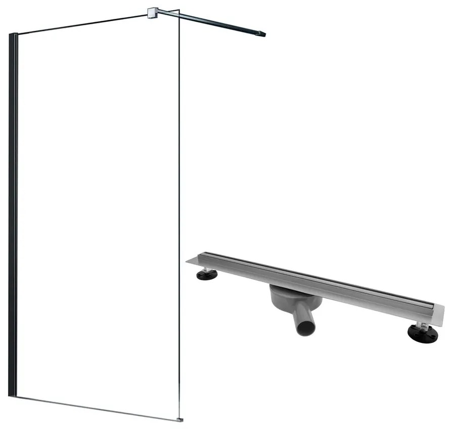 Pachet paravan dus Walk-In Fluminia Black crom 100x200 cm si rigola Rea Neo Slim Pro crom