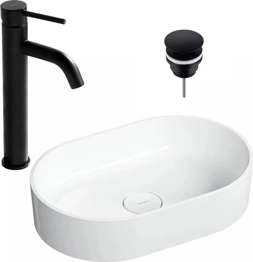 Pachet lavoar pe blat Omnires Ovo M+ alb 55 cm, baterie lavoar Rea Lungo negru si ventil lavoar Click-Clack D negru