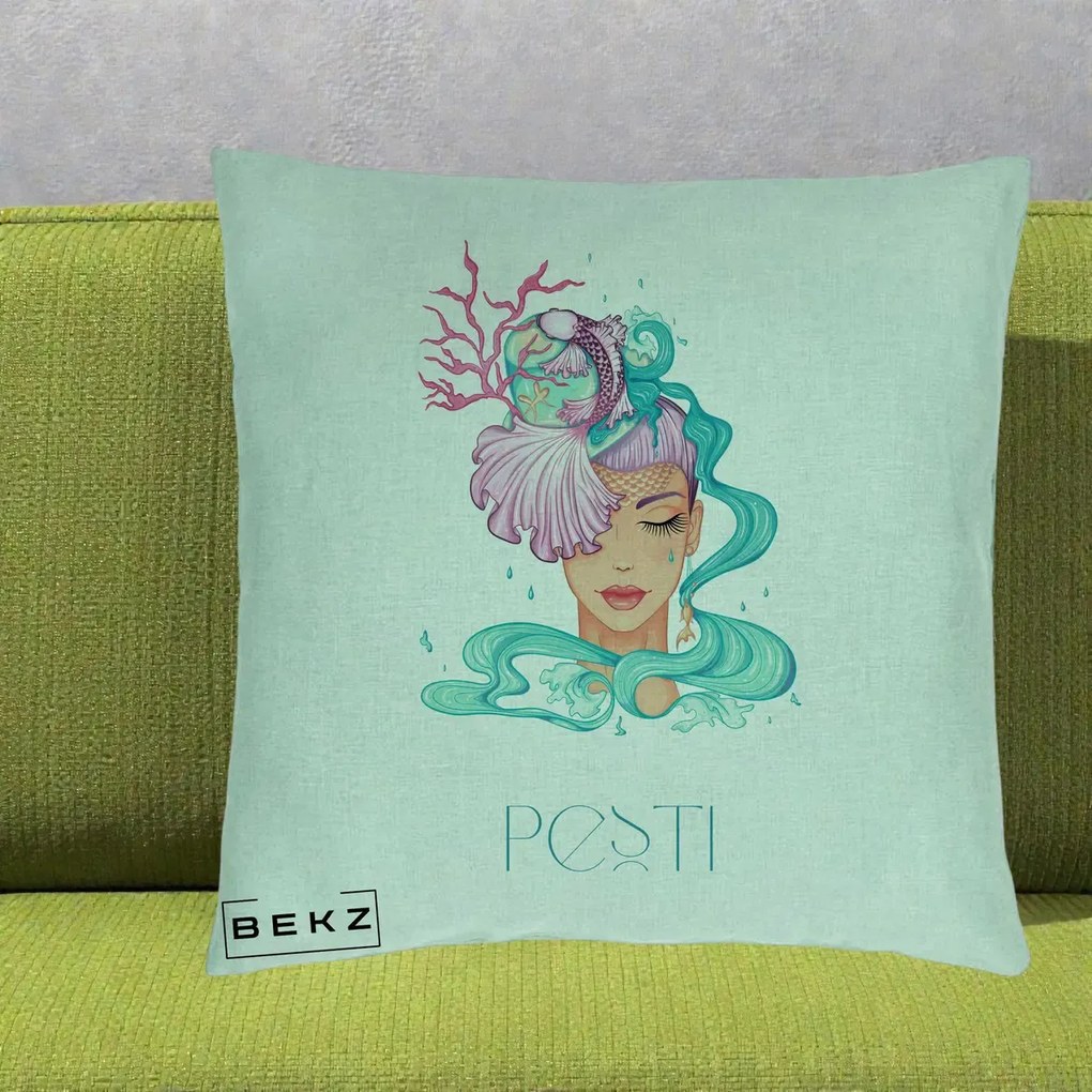 Perna Personalizata Zodiac Pesti Cowgirl, 40x40 cm, Verde Menta, Husa Detasabila, Perna Inclusa, BEKZ®