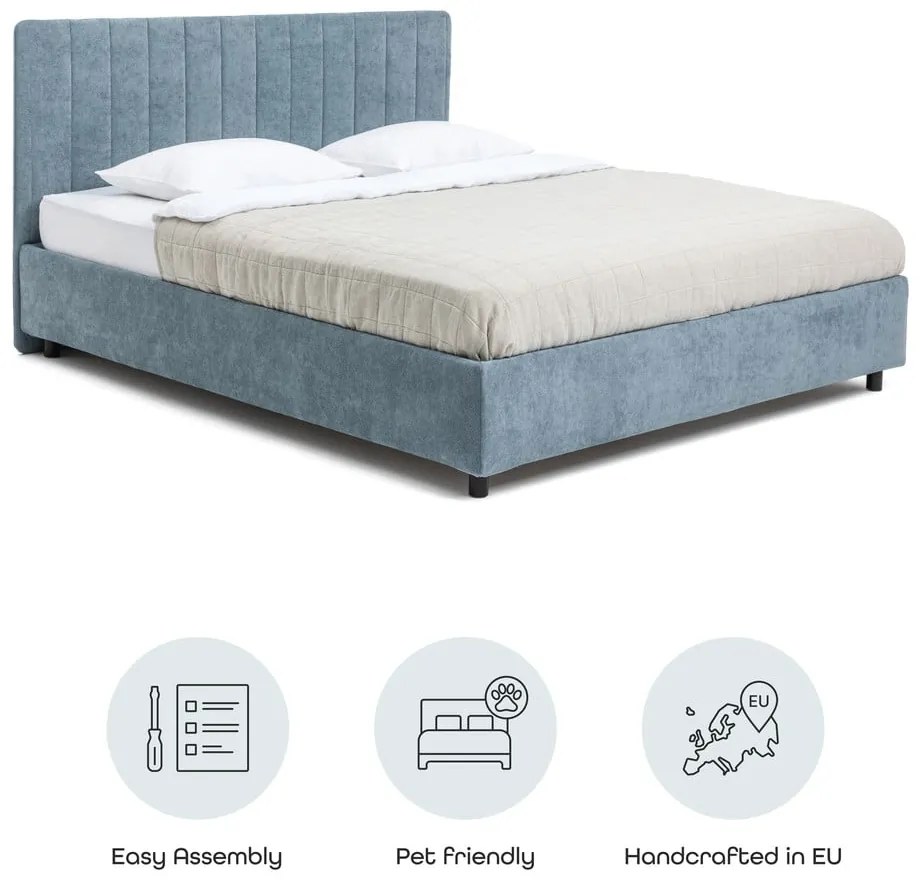 Pat matrimonial albastru tapițat cu spațiu de depozitare cu somieră 160x200 cm Myra Slim Line – Bonami Selection