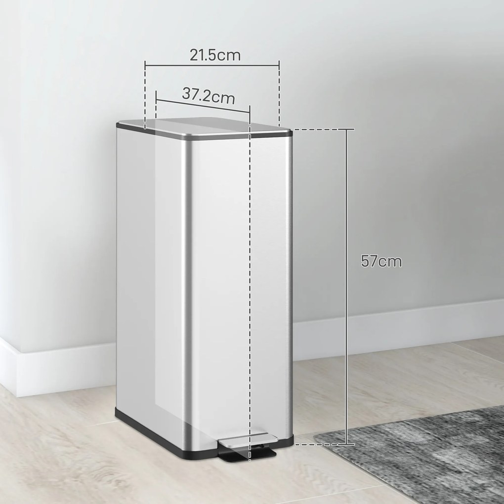 HOMCOM Coș de Gunoi de 20L Antiamprentă cu Închidere Lentă și Găleată Detașabilă, Coș cu Pedală, pentru Bucătărie, Living, Birou și Studiu, 21.5x37.2x57 cm, Argintiu | Aosom Romania