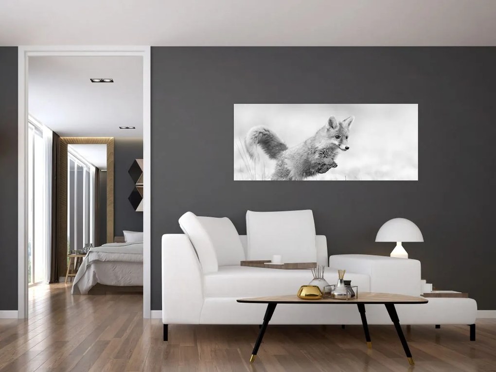 Tablou - Vulpe care sare,alb-negru (120x50 cm)