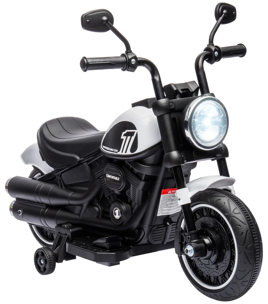 HOMCOM Motocicletă electrică pentru copii 3 km/h 6V cu far cu LED 2 roți de antrenament de la 18 la 36 luni cu motor puternic alb | Aosom Romania